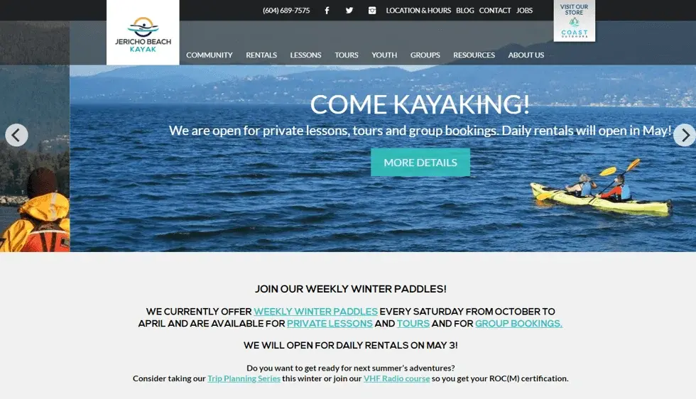 Jericho Beach Kayak website portfolio screenshot